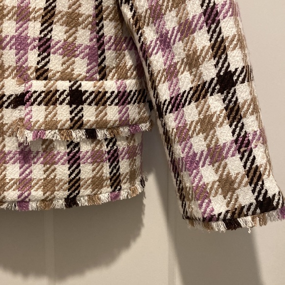 Cutaway Jacket in Houndstooth Fringe Tweed,size-4, pink/brown/cream/pink/,lined - Picture 2 of 12